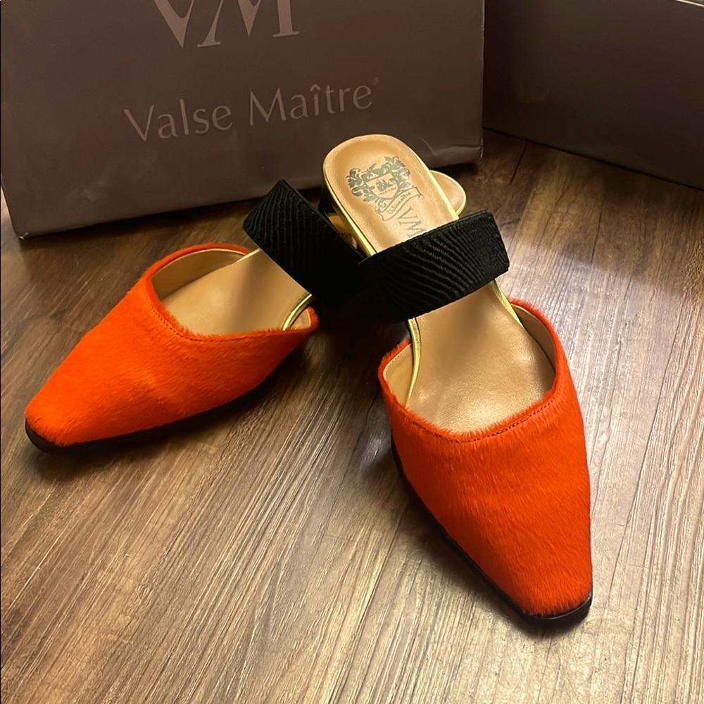 Hermes Orange and Black Mules with Cow Genuine Leather and Fur Accent